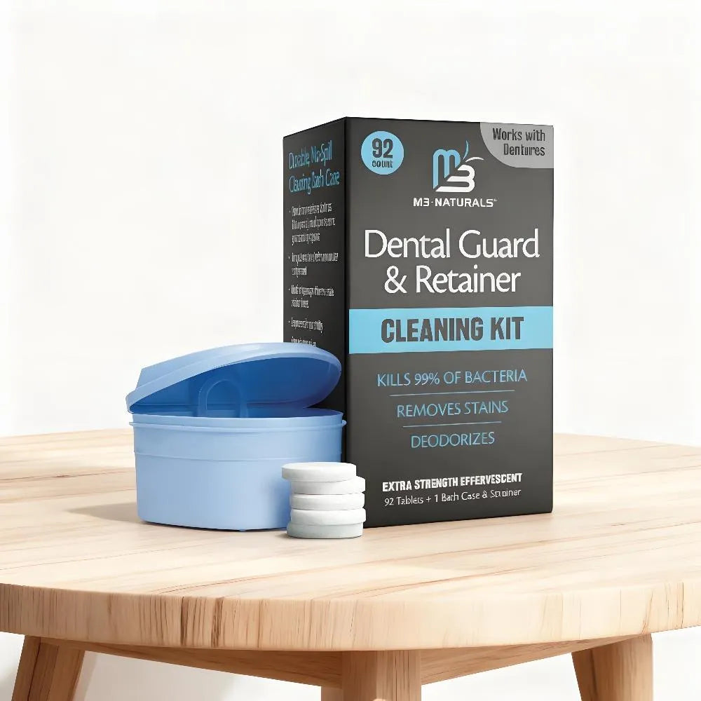 Retainer Cleaner Set: No-Mess Tablets, Universal Denture Bath + Strainer – Cleans Retainers/Mouth Guards (Stains/Odor/Plaque)