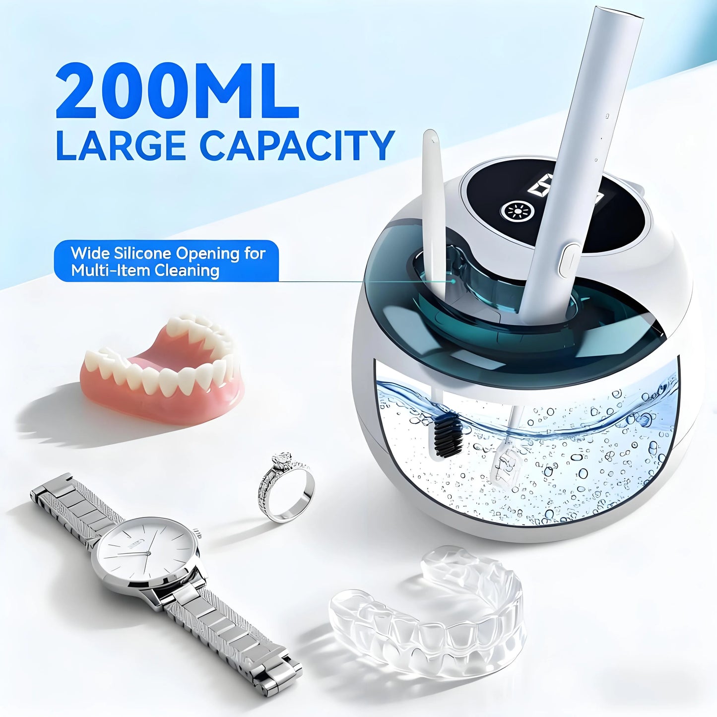 9-Mode Ultrasonic Retainer Cleaner: 45kHz, 200ML Pod – Cleans Denture/Mouth Guard/Braces/Jewelry