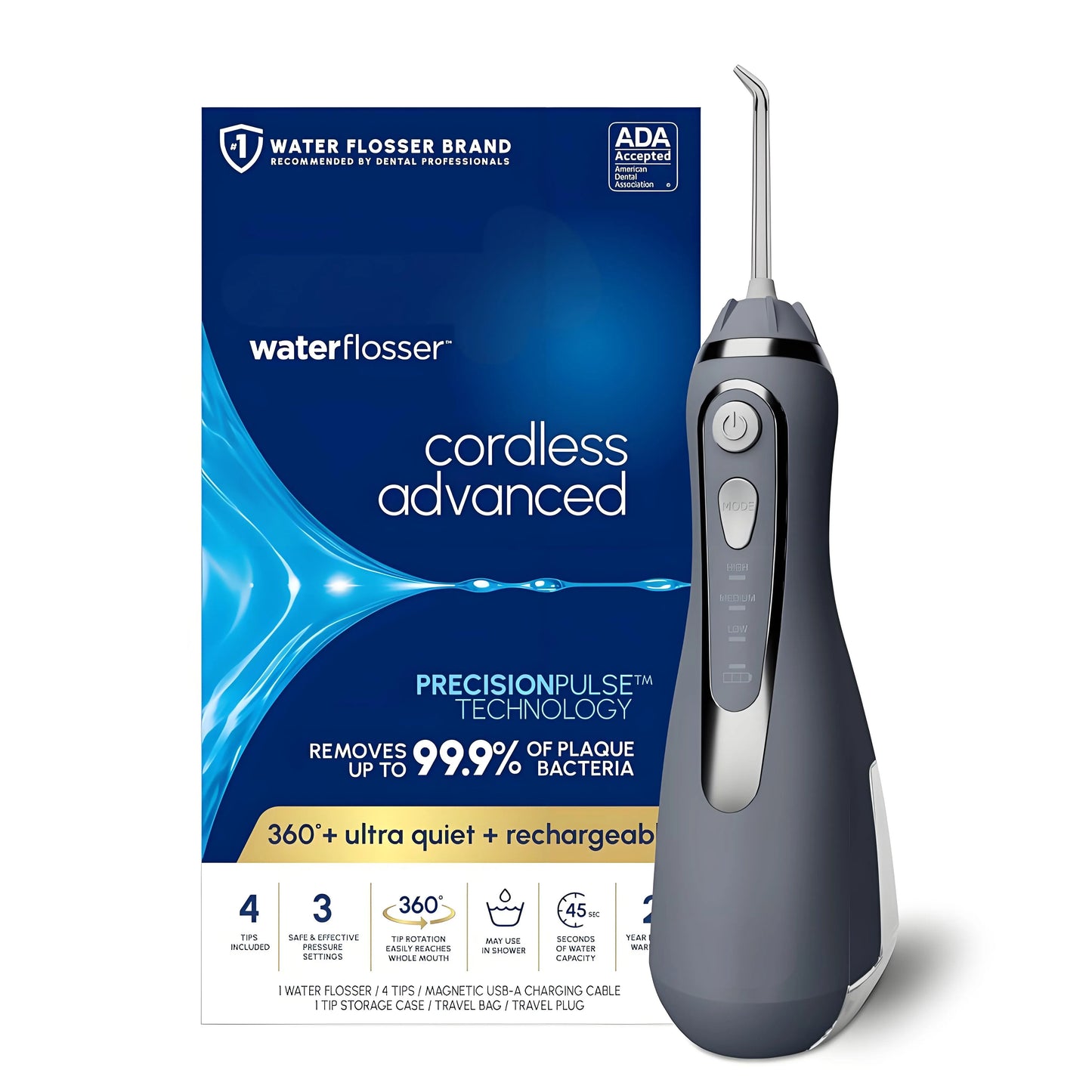 Advanced 2.0 Cordless Water Flosser: Dental Care for Teeth/Gums/Braces, 4 Tips, Travel Bag, ADA Accepted