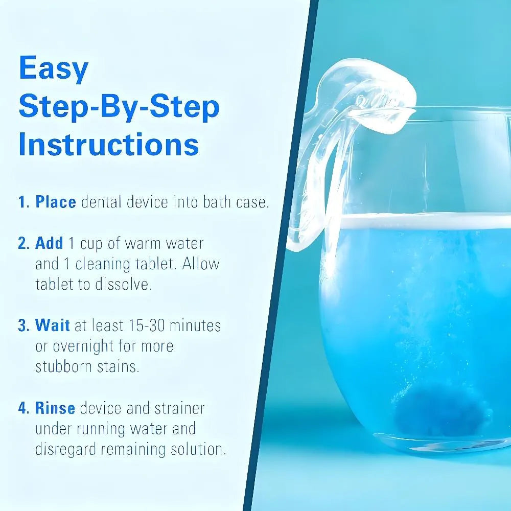 Retainer Cleaner Set: No-Mess Tablets, Universal Denture Bath + Strainer – Cleans Retainers/Mouth Guards (Stains/Odor/Plaque)