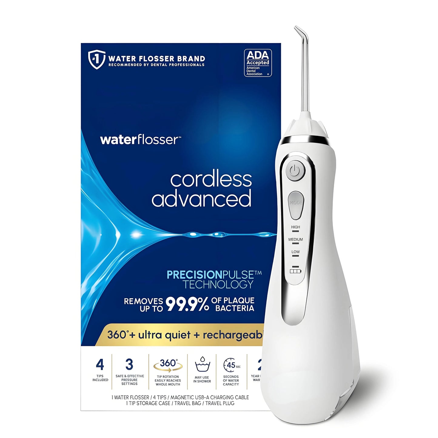 Advanced 2.0 Cordless Water Flosser: Dental Care for Teeth/Gums/Braces, 4 Tips, Travel Bag, ADA Accepted