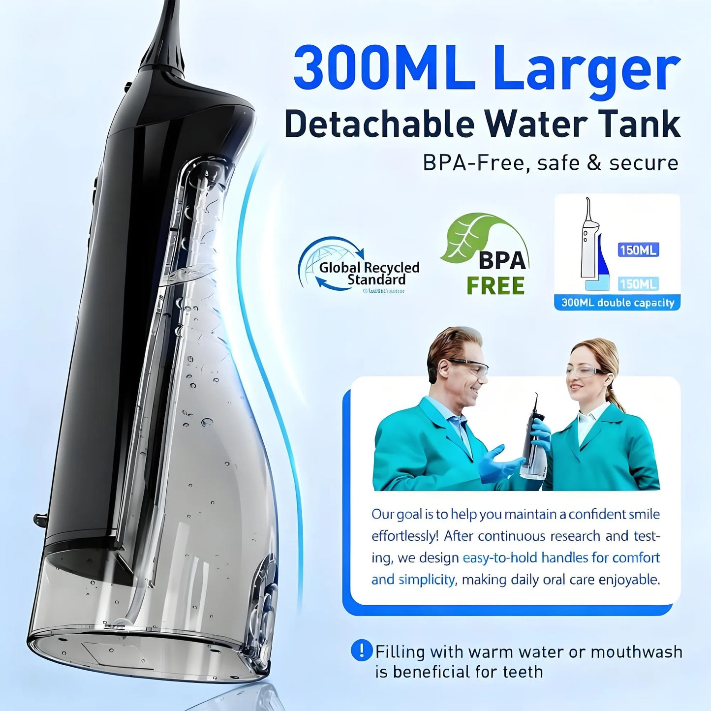 Water Flosser Teeth Pick: 300ML, Cordless Rechargeable, IPX7 Waterproof, Portable Oral Cleaner
