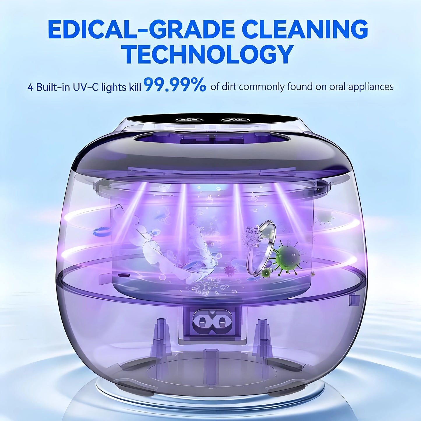 9-Mode Ultrasonic Retainer Cleaner: 45kHz, 200ML Pod – Cleans Denture/Mouth Guard/Braces/Jewelry