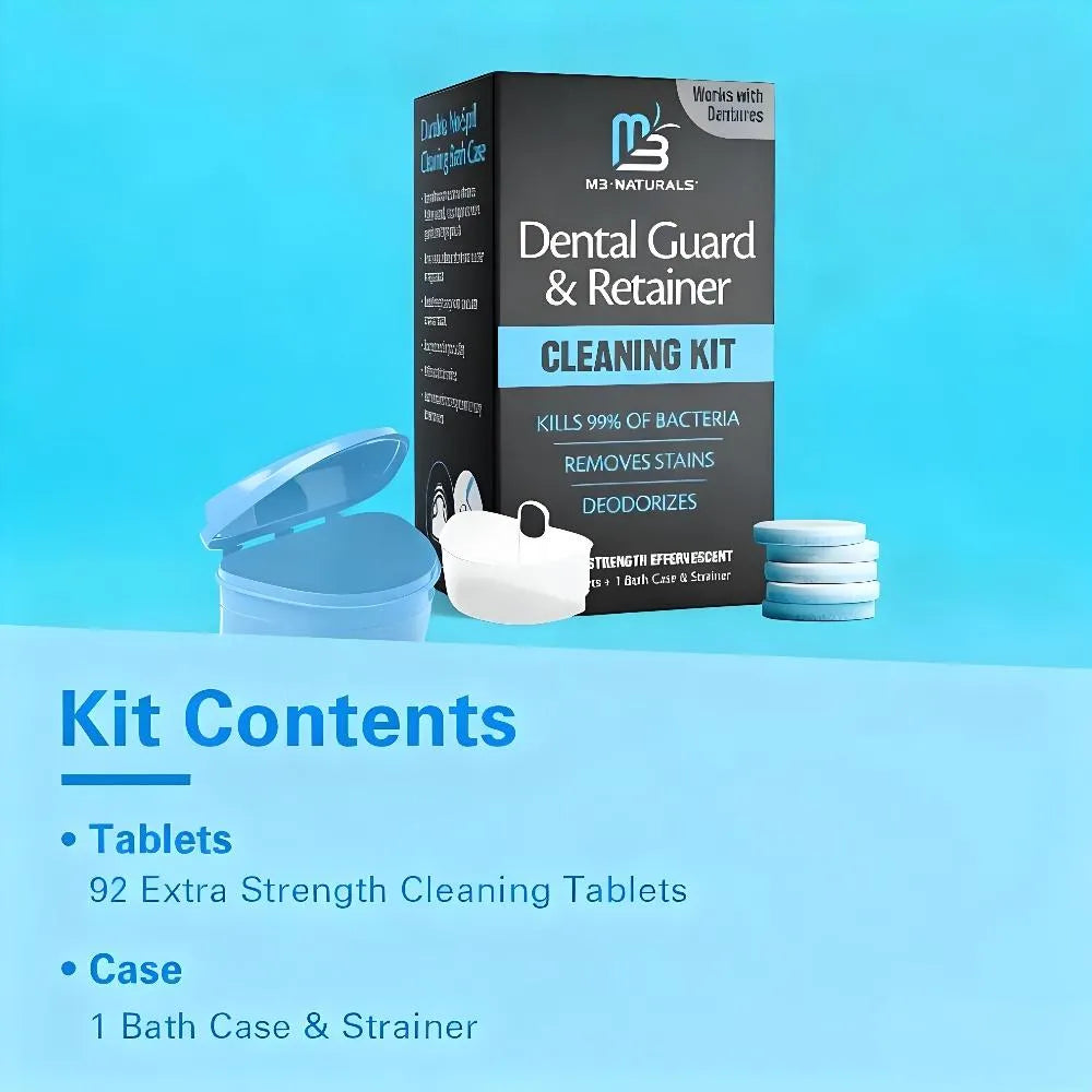 Retainer Cleaner Set: No-Mess Tablets, Universal Denture Bath + Strainer – Cleans Retainers/Mouth Guards (Stains/Odor/Plaque)