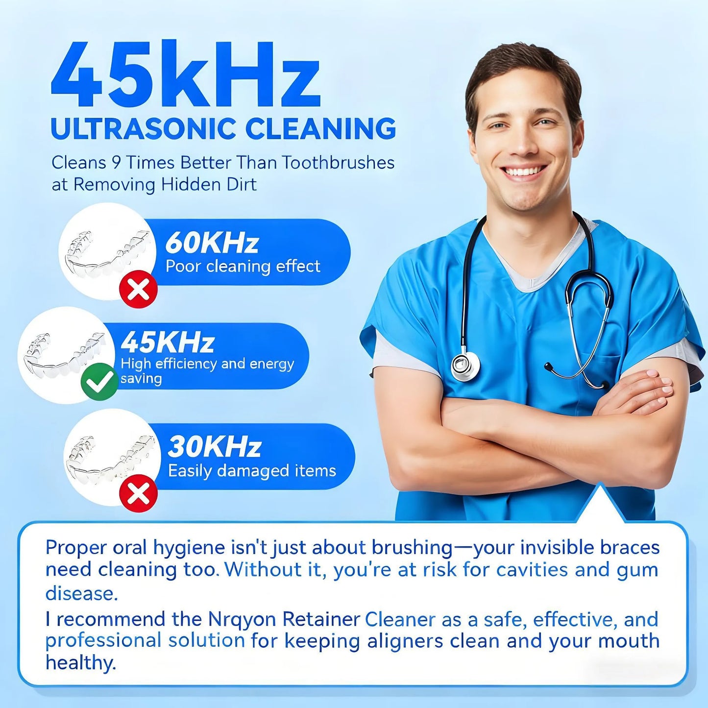 9-Mode Ultrasonic Retainer Cleaner: 45kHz, 200ML Pod – Cleans Denture/Mouth Guard/Braces/Jewelry