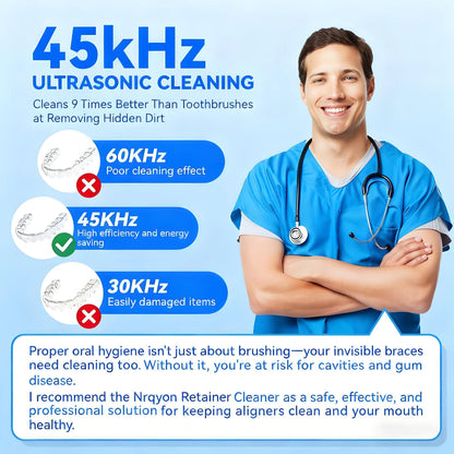 9-Mode Ultrasonic Retainer Cleaner: 45kHz, 200ML Pod – Cleans Denture/Mouth Guard/Braces/Jewelry