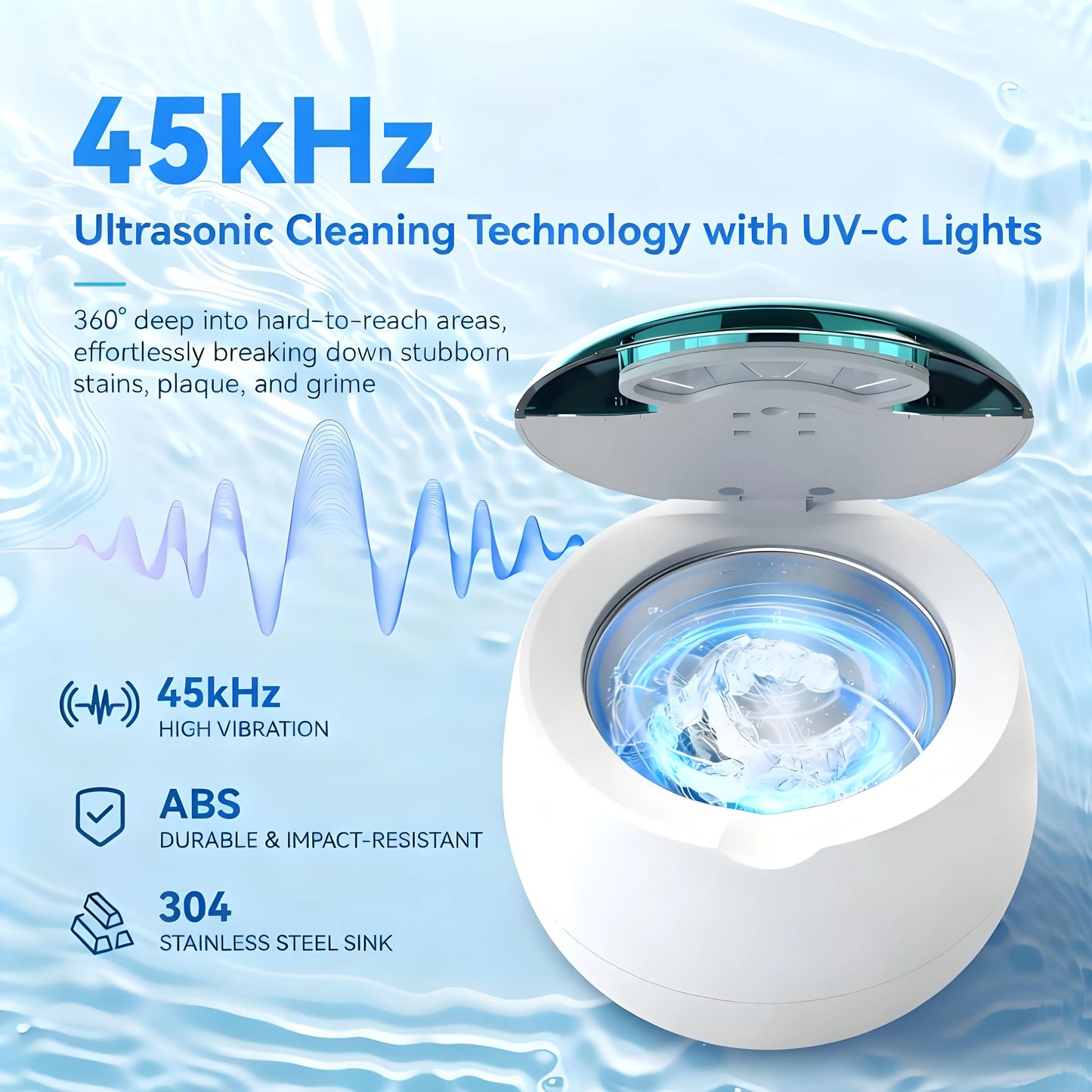 9-Mode Ultrasonic Retainer Cleaner: 45kHz, 200ML Pod – Cleans Denture/Mouth Guard/Braces/Jewelry