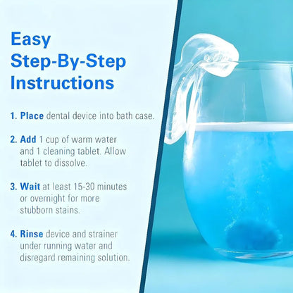 Retainer Cleaner Set: No-Mess Tablets, Universal Denture Bath + Strainer – Cleans Retainers/Mouth Guards (Stains/Odor/Plaque)