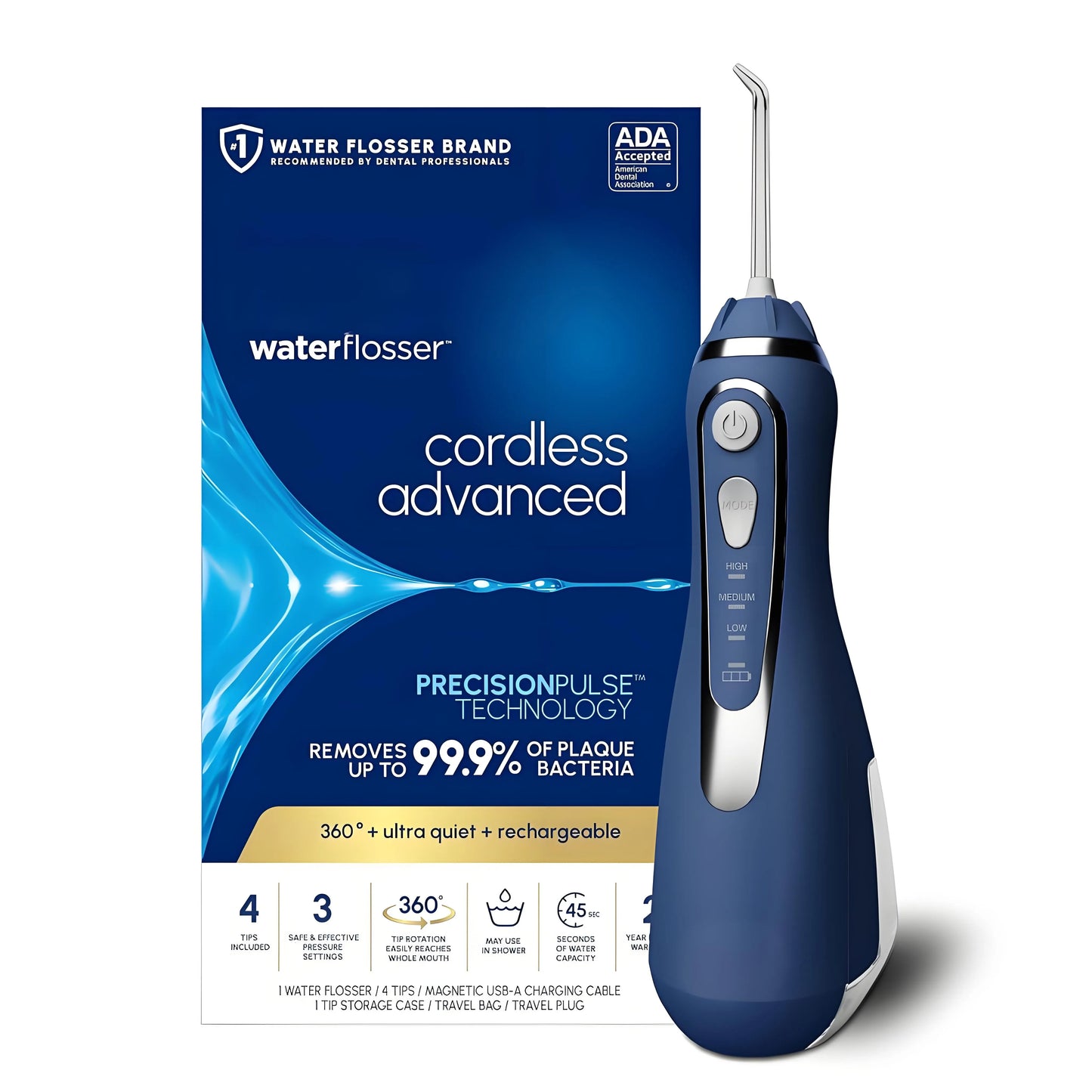 Advanced 2.0 Cordless Water Flosser: Dental Care for Teeth/Gums/Braces, 4 Tips, Travel Bag, ADA Accepted
