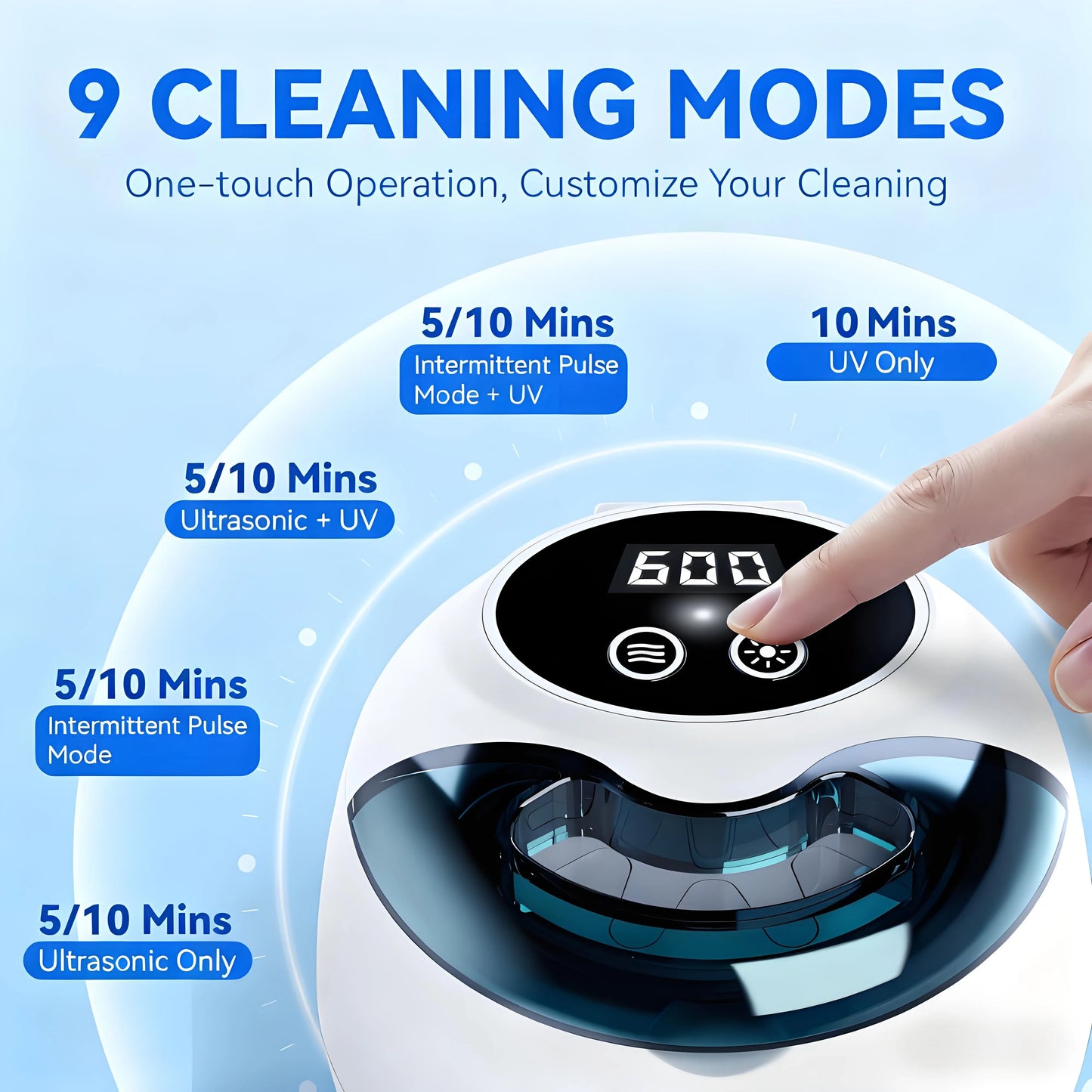 9-Mode Ultrasonic Retainer Cleaner: 45kHz, 200ML Pod – Cleans Denture/Mouth Guard/Braces/Jewelry